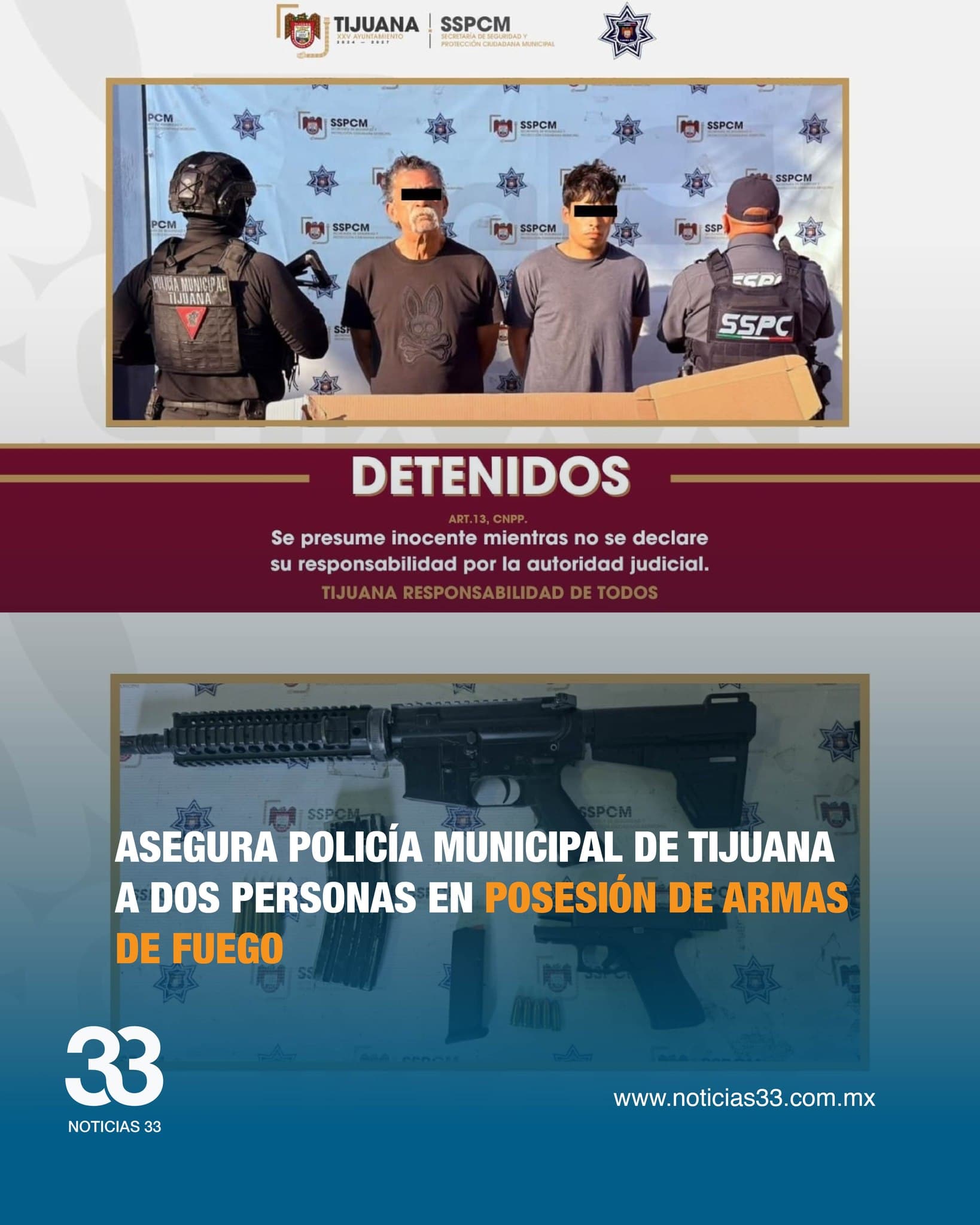 Asegura Policía Municipal de Tijuana a dos personas en posesión de armas de fuego